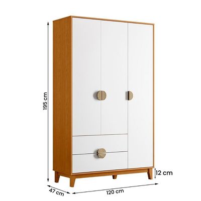Guarda Roupa Ipê 3 Portas 2 Gavetas Com Pés Madeira Maciça Cinamomo/Branco