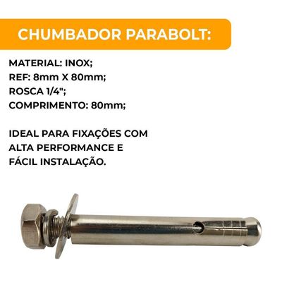 Chumbador Parabolt Parafuso Inox 8mm X 80mm 12 Unidades