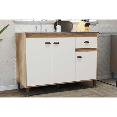 Balcão de Cozinha Modulado Torino c/ 3 Portas e 1 Gaveta s/ Tampo 120cm Mel/Off White - Movelbento
