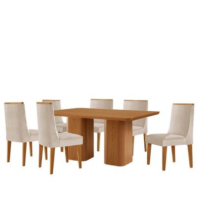 Mesa De Jantar Eloise 180cm Tampo Mdf 6 Cadeiras Lisboa Veludo Creme/naturale