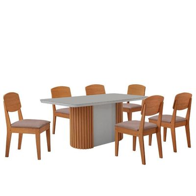 Mesa De Jantar Aspen 180cm Tampo Mdf Vidro 6 Cadeiras Copper Linho Capuccino/nat/off/serig. Off