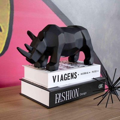 Escultura Rinoceronte Em Resina Preto Mate 15,5x31cm