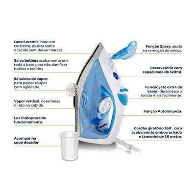 Ferro de Passar a Vapor Britânia 320ml Base em Cerâmica BFV70 220V