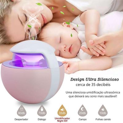 Umidificador De Ar Ultrassônico Night Elf Rosa 450ml C. De Essência 2,5ml Aromatizador Esp Rosa
