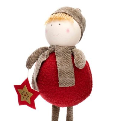 Boneco de Natal Menino Em Pé Vermelho e Marrom 40cm