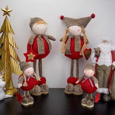 Boneco de Natal Menino Em Pé Vermelho e Marrom 40cm