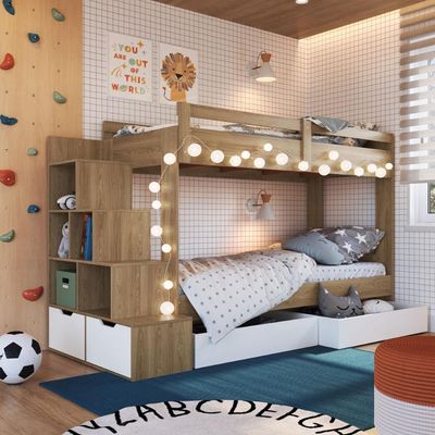 Beliche Infantil com Escada, Nicho e Gavetas Aveiro e Branco