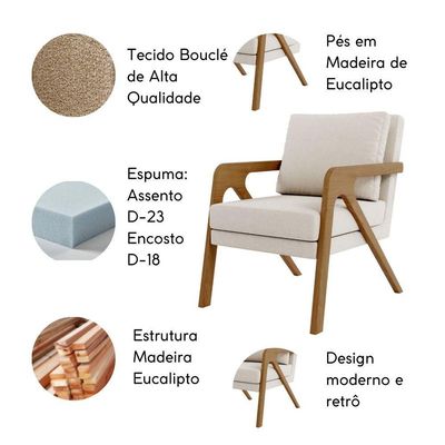 Kit 2 Poltrona Decorativa Moderna Para Sala Escritório Siena Bouclé Bege