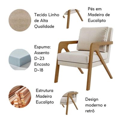 Poltrona Decorativa Sala De Estar Escritório Recepção Mona Linho Bege