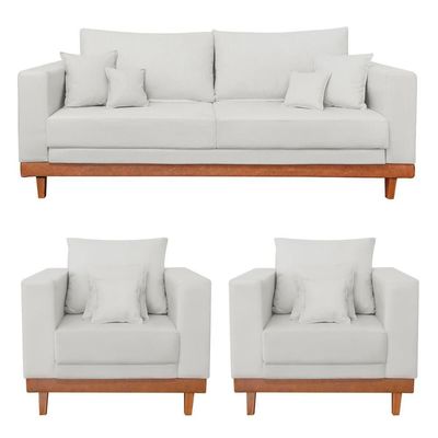 Kit 2 Poltronas Living + Sofá 3 Lugares Base Madeira Linho Bege