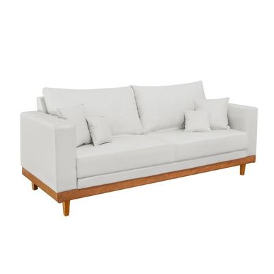 Kit 2 Poltronas Living + Sofá 3 Lugares Base Madeira Linho Bege