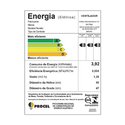 Ventilador Circulador Britânia 160W 3 Velocidades BCA40A 127V