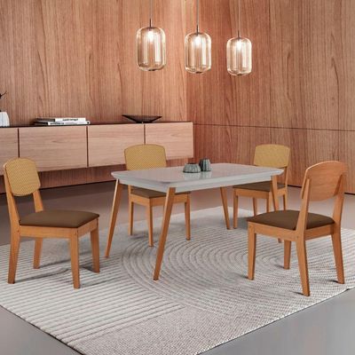 Mesa De Jantar Copper 120cm Tampo Mdf Vidro 4 Cadeiras Veludo Marrom/nat/off/serig. Off
