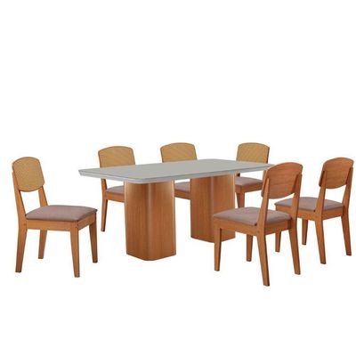 Mesa De Jantar Eloise 180cm Tampo Mdf 6 Cadeiras Moderna Linho Capuccino/nat/off/serig. Off