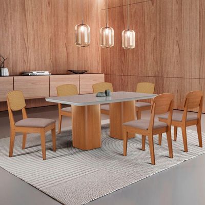 Mesa De Jantar Eloise 180cm Tampo Mdf 6 Cadeiras Moderna Linho Capuccino/nat/off/serig. Off