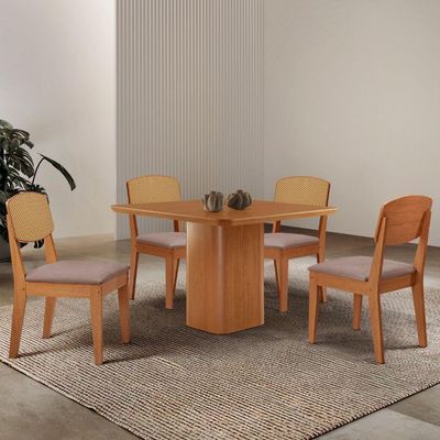 Mesa De Jantar Eloise 90cm Tampo Mdf 4 Cadeiras Moderna Linho Capuccino/naturale