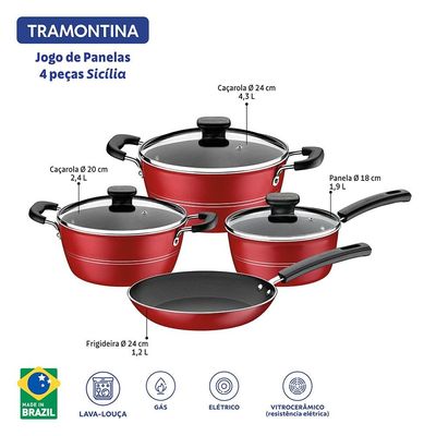 Jogo de Panelas Tramontina Sicília em Alumínio com Revestimento Interno e Externo Antiaderente Starflon Excellent Vermelho  4 Peças