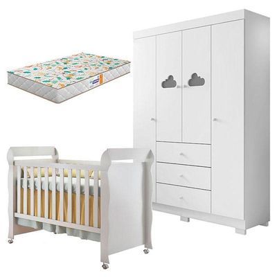 Berço Americano Mirelle E Guarda Roupa Infantil Ane Branco Brilho Com Colchão Gazin – Phoenix Baby