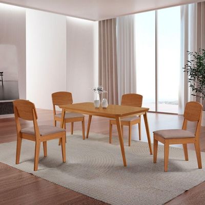 Mesa De Jantar Copper 120cm Tampo Mdf Com 4 Cadeiras Moderna Linho Capuccino/naturale/naturale