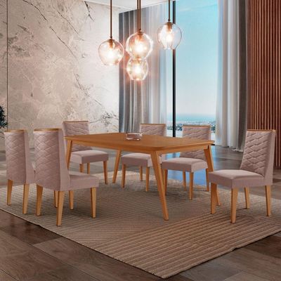 Mesa De Jantar Copper 180cm Tampo Mdf Com 6 Cadeiras Moderna Linho Capuccino/naturale/naturale