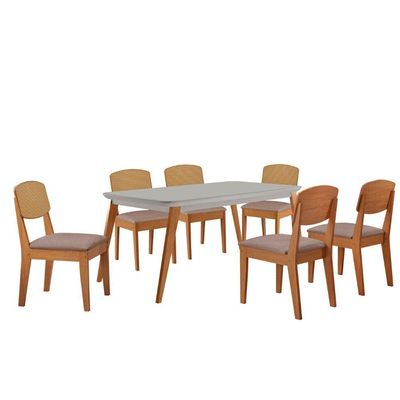 Mesa De Jantar Copper 180cm Tampo Mdf Vidro 6 Cadeiras Linho Capuccino/off/nat/serig. Off