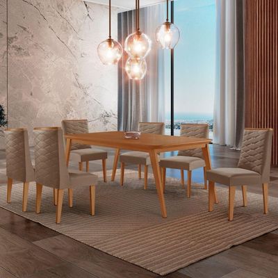 Mesa De Jantar Copper 180cm Tampo Mdf Com 6 Cadeiras Moderna Veludo Capuccino/naturalle/naturalle