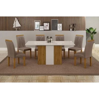 Conjunto De Mesa De Jantar Doha Off White E Freijó E 6 Cadeiras Juli Camurça