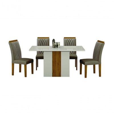 Conjunto De Mesa De Jantar Doha Off White E Freijó E 6 Cadeiras Juli Camurça