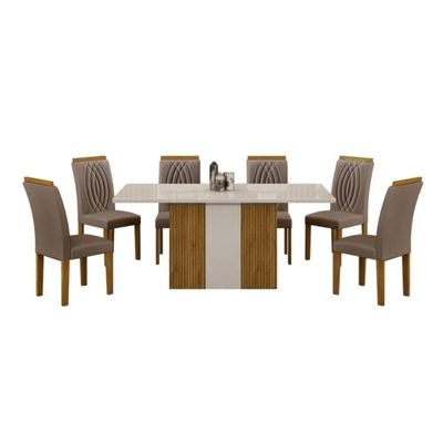 Conjunto De Mesa De Jantar Doha Off White E Freijó E 6 Cadeiras Juli Camurça
