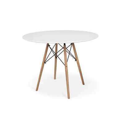 Conjunto De Mesa De Jantar Eames Eiffel Redonda 100cm Tampo De Madeira Branco Com 4 Cadeiras Brancas