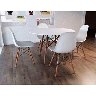 Conjunto De Mesa De Jantar Eames Eiffel Redonda 100cm Tampo De Madeira Branco Com 4 Cadeiras Brancas