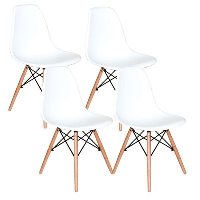 Conjunto De Mesa De Jantar Eames Eiffel Redonda 100cm Tampo De Madeira Branco Com 4 Cadeiras Brancas