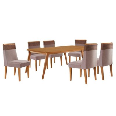 Mesa De Jantar Copper 180cm Tampo Mdf Com 6 Cadeiras Moderna Linho Capuccino / Tork / Naturale