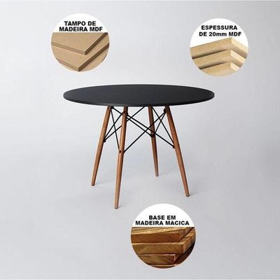 Conjunto De Mesa 4 Cadeiras Pretas Eames Eiffel 90cm Base Madeira Tampo Preto Preto