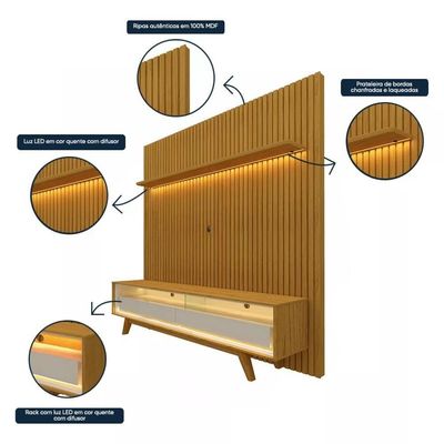 Rack Reluz 3 Gavetas Com Painel Para Tv Até 75 Polegadas Led Ripado Nobre Naturale E Off White
