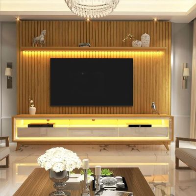 Rack Reluz 3 Gavetas Com Painel Para Tv Até 75 Polegadas Led Ripado Nobre Naturale E Off White