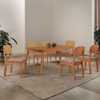 Mesa De Jantar Copper 180cm Tampo Mdf Laminado 6 Cadeiras Linho Capuccino/naturale/naturale