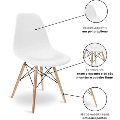 Conjunto De Mesa De Jantar Eames Eiffel Redonda 90cm Tampo De Madeira Branco Com 4 Cadeiras Brancas