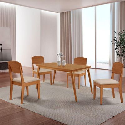 Mesa De Jantar Copper 120cm Tampo Mdf Com 4 Cadeiras Moderna Veludo Creme/naturalle/naturalle