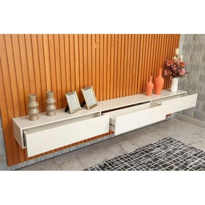Painel Home Para Tv 70 Polegadas 2 Gavetas Ripado Slim Nature E Off White 280cm