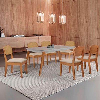 Mesa De Jantar Copper 180cm Tampo Mdf Vidro 6 Cadeiras Veludo Creme /off /naturale /serig Off