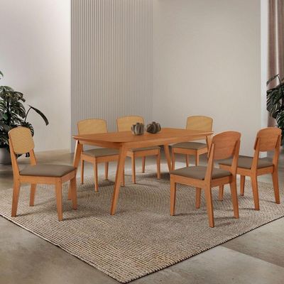 Mesa De Jantar Copper 180cm Tampo Mdf Laminado 6 Cadeiras Veludo Capuccino/naturalle/naturalle