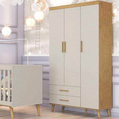 Berço Americano E Guarda Roupa Infantil Ludmila Off White Bétula Com Colchão Ortobom - Carolina Baby