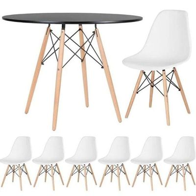 Conjunto De Mesa De Jantar Eames Eiffel Redonda 120cm Tampo De Madeira Preto Com 6 Cadeiras Brancas