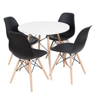 Conjunto De Mesa De Jantar Eames Eiffel Redonda 110cm Tampo De Madeira Branco Com 4 Cadeiras Pretas