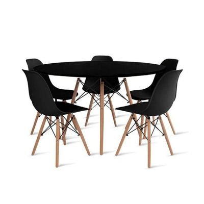 Conjunto De Mesa De Jantar Eames Eiffel Redonda 120cm Tampo De Madeira Com 5 Cadeiras Preto