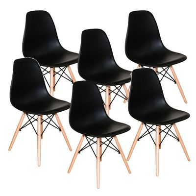 Conjunto De Mesa De Jantar Eames Eiffel Redonda 110cm Tampo De Madeira Branco Com 6 Cadeiras Pretas