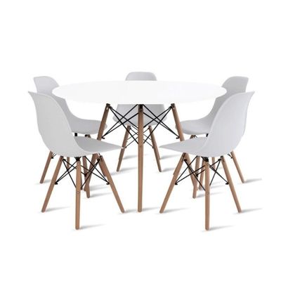 Conjunto De Mesa De Jantar Eames Eiffel Redonda 100cm Tampo De Madeira Com 5 Cadeiras - Branco