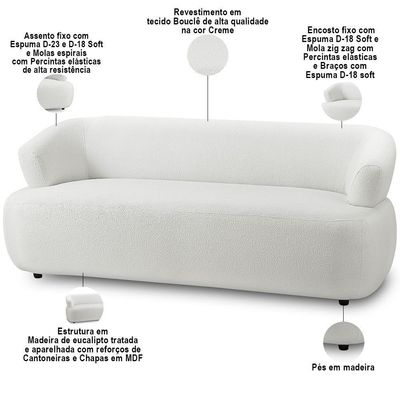 Sofá 3 Lugares Orgânico Para Sala Living 198cm Florea M05 Bouclê Creme - Lyam Decor