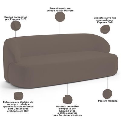 Sofá 3 Lugares Curvo Orgânico Living 180cm Barolo L06 Veludo Marrom
